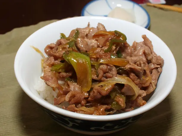 Foto von Butadon (Japanische Schweinefleisch-Reisbowl) – fertig angerichtet
