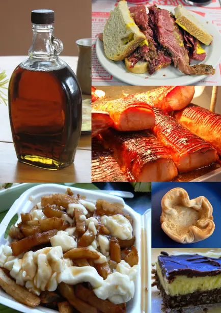 CanadianCuisineSubset – Foto: Schwartz_smoked_meat_montreal.JPG: chensiyuan
Maple_syrup.jpg: Miguel Andrade
OriginalPoutineLaBanqu (CC BY-SA 3.0)